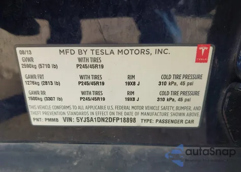 2013 Tesla Model S из США, поврежденный, VIN 5YJSA1DN2DFP18898